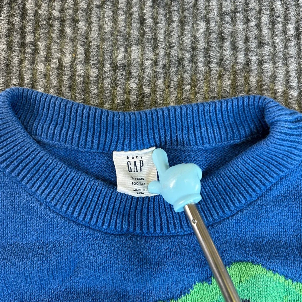 Baby Gap Toddler Boys Blue Green T-Rex Dinosaur Graphic Knit Sweater Size 5T